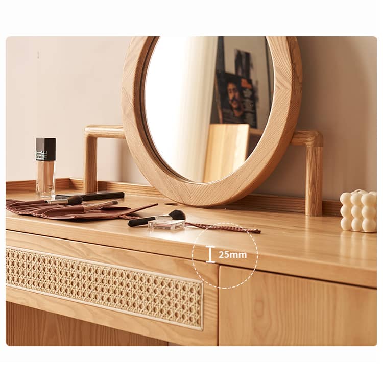 Elegant Natural Ash Wood Makeup Table with Rattan Accents and Glass Top hjhms-1039