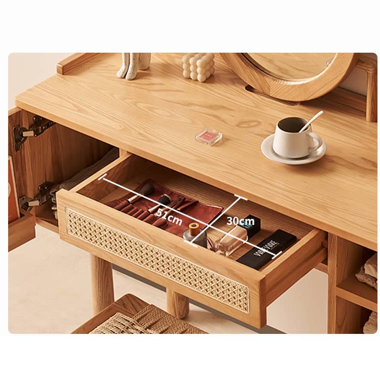 Elegant Natural Ash Wood Makeup Table with Rattan Accents and Glass Top hjhms-1039