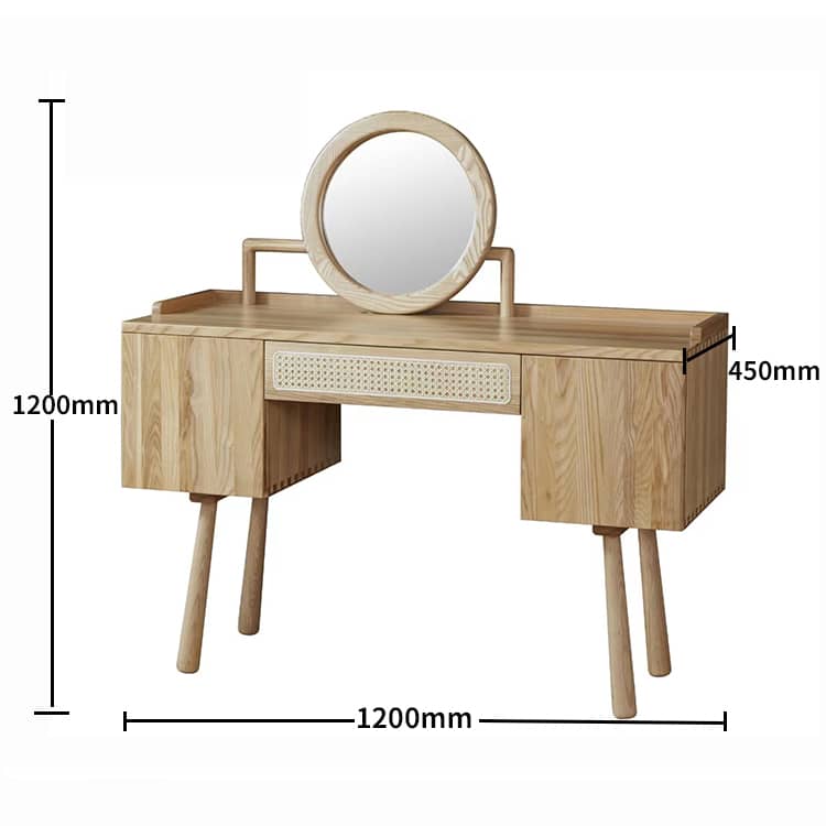 Elegant Natural Ash Wood Makeup Table with Rattan Accents and Glass Top hjhms-1039