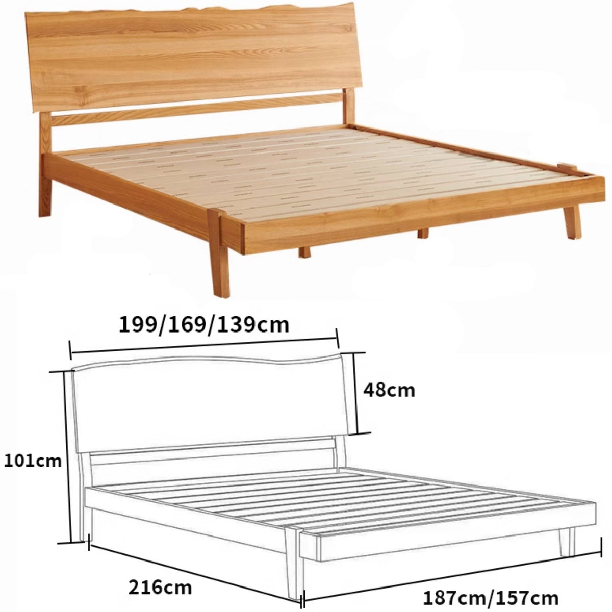 Premium Quality Natural Ash and Pine Wood Bed – Elegant & Durable hjhms-1042