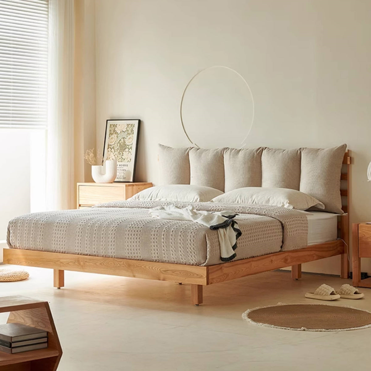 Elegant Dark Beige Bed with Natural Ash and Pine Wood Frame - Cotton-Linen Upholstery hjhms-1047