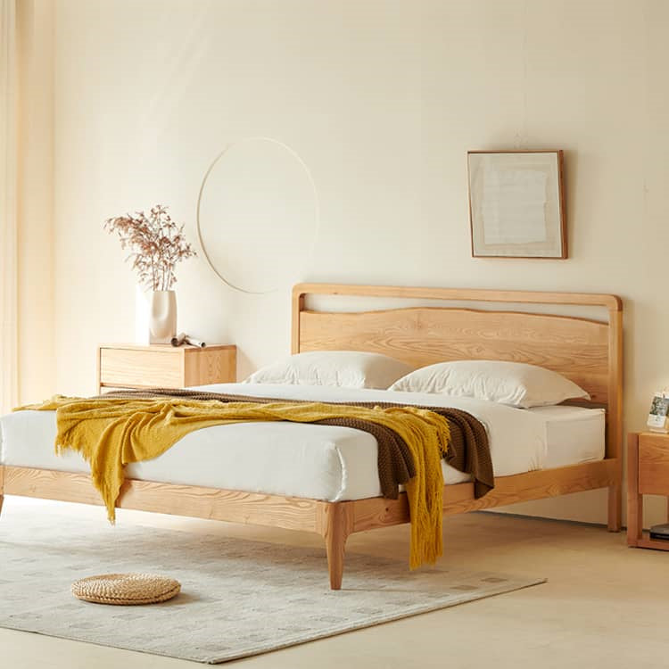 Sleek Bed Frame in Premium Natural Ash and Pine Wood Finish hjhms-1048