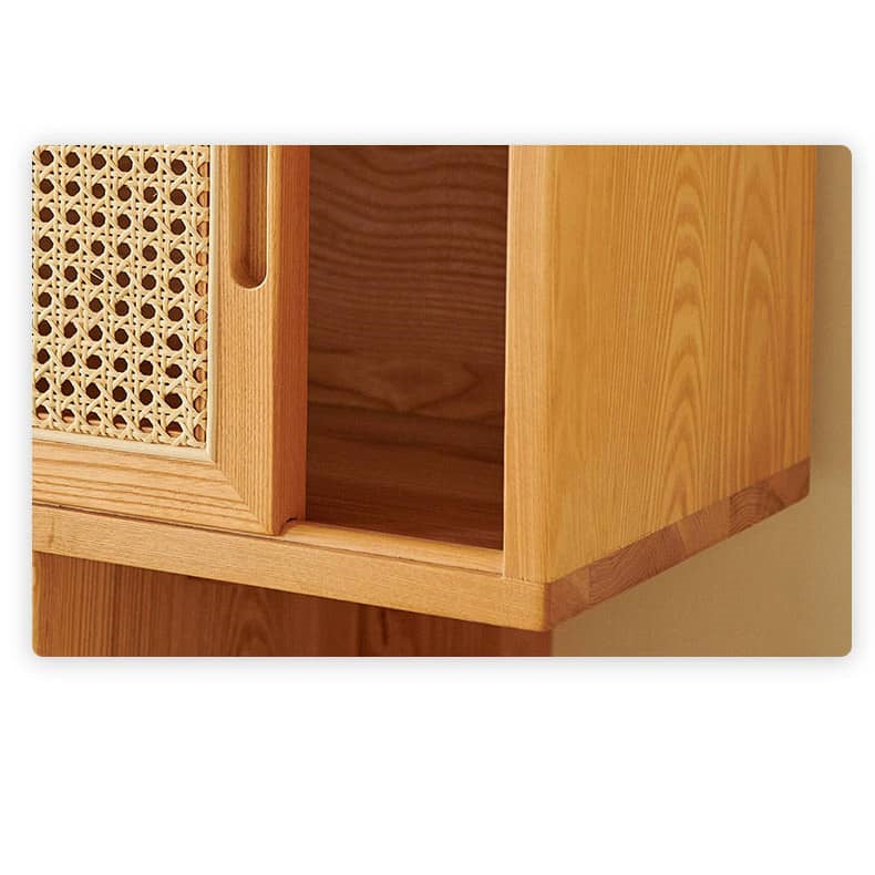 Stunning Natural Ash Wood Cabinet with Chic Rattan Detailing hjhms-1049