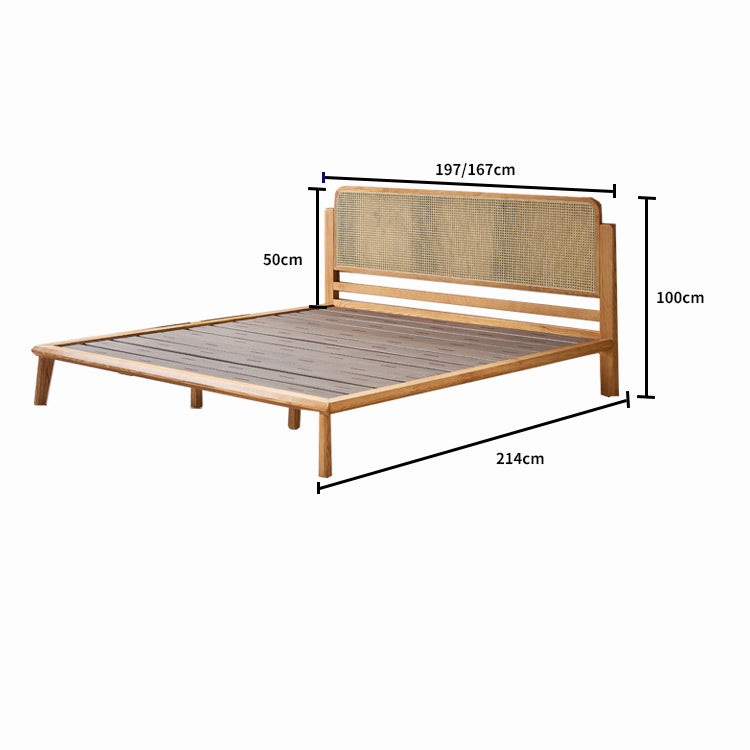 Handcrafted Ash Wood Bed with Elegant Rattan Headboard - Natural Finish hjhms-1562