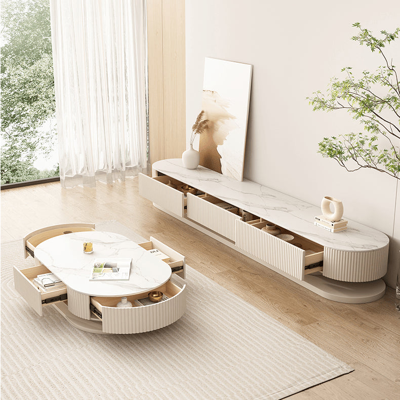 Elegant Sintered Stone & Solid Wood Tea Table - White & Beige hjl-1177