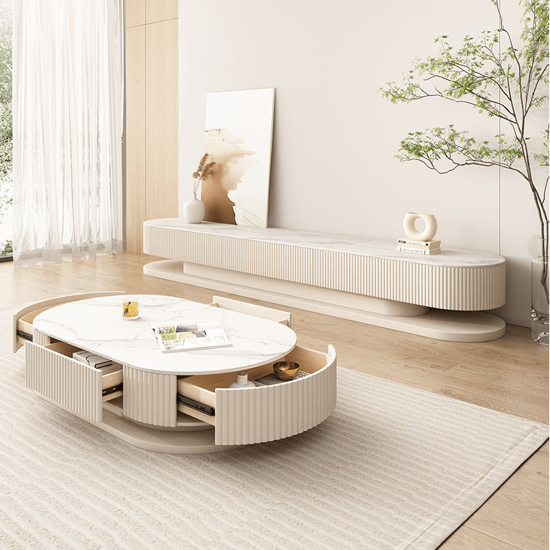 Elegant Sintered Stone & Solid Wood Tea Table - White & Beige hjl-1177