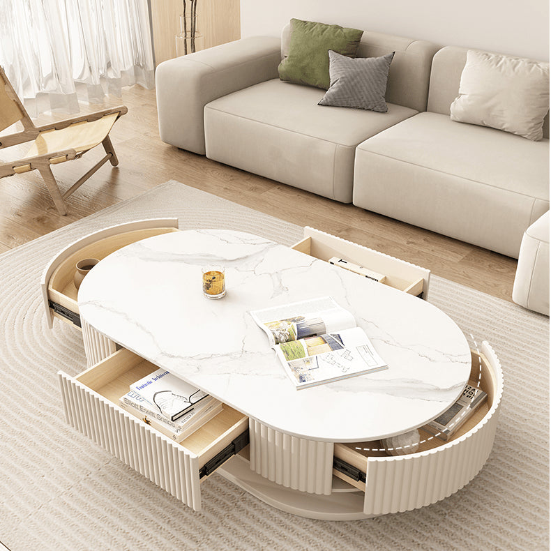 Elegant Sintered Stone & Solid Wood Tea Table - White & Beige hjl-1177