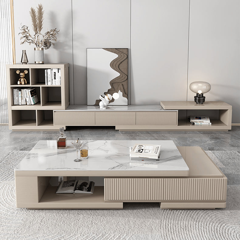 Stylish White & Khaki TV Cabinet with Sintered Stone and Pine Wood Design hjl-1180