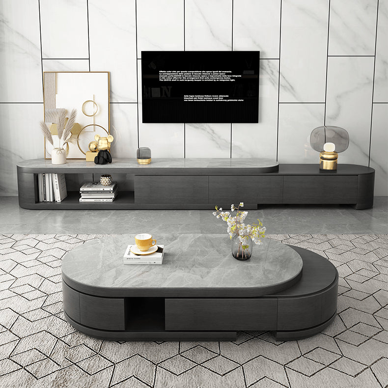 Elegant Sintered Stone & Pine Wood Tea Table in Gray, Black, & White hjl-1201