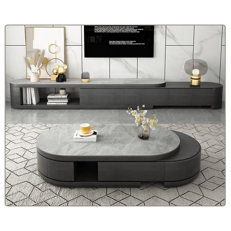 Elegant Sintered Stone & Pine Wood Tea Table in Gray, Black, & White hjl-1201