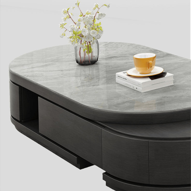 Elegant Sintered Stone & Pine Wood Tea Table in Gray, Black, & White hjl-1201