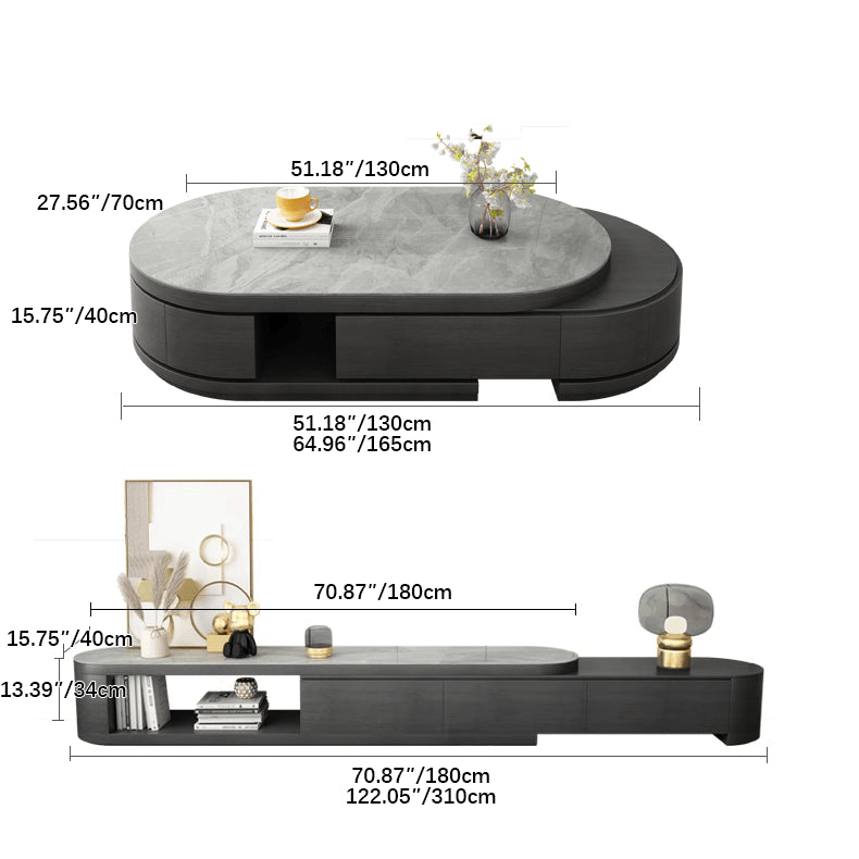 Elegant Sintered Stone & Pine Wood Tea Table in Gray, Black, & White hjl-1201