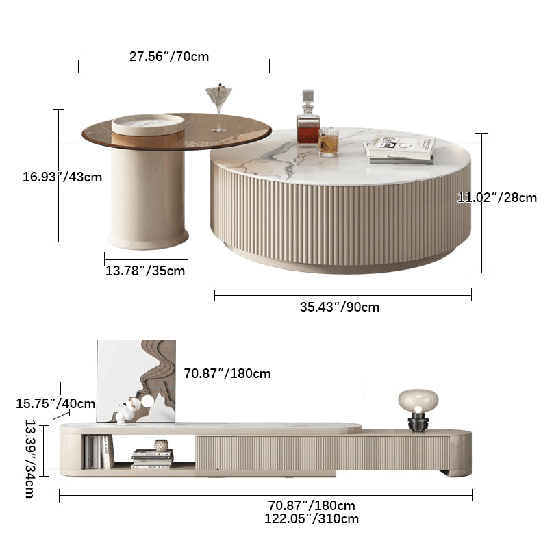 Elegant Sintered Stone & Pine Wood Tea Table - White, Khaki, Brown, & Beige hjl-1209