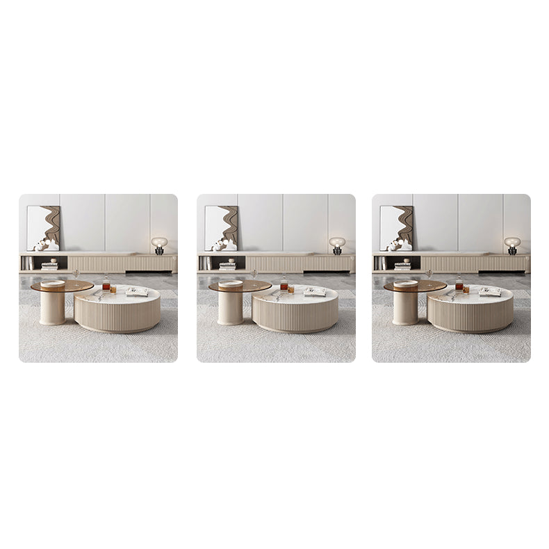 Elegant Sintered Stone & Pine Wood Tea Table - White, Khaki, Brown, & Beige hjl-1209