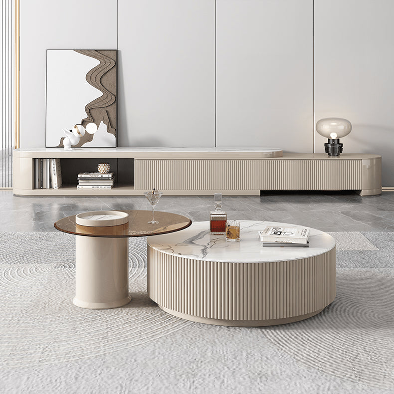 Sleek White & Khaki TV Cabinet with Durable Sintered Stone and Pine Wood Finish hjl-1210