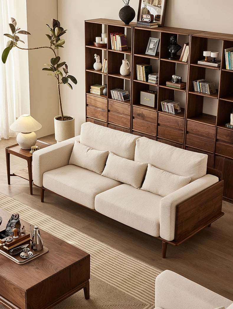 Stylish Black Walnut Wood Sofa with Pearl Cotton and Down Cotton-Ramie Upholstery - Perfect for Modern Living Spaces! hjy-5007