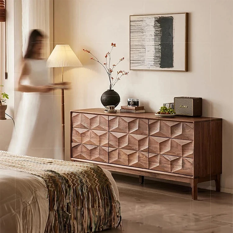 Stylish Black Walnut Wood Cabinet with Modern Geometric Design – Perfect for Home Décor and Storage hjy-5010