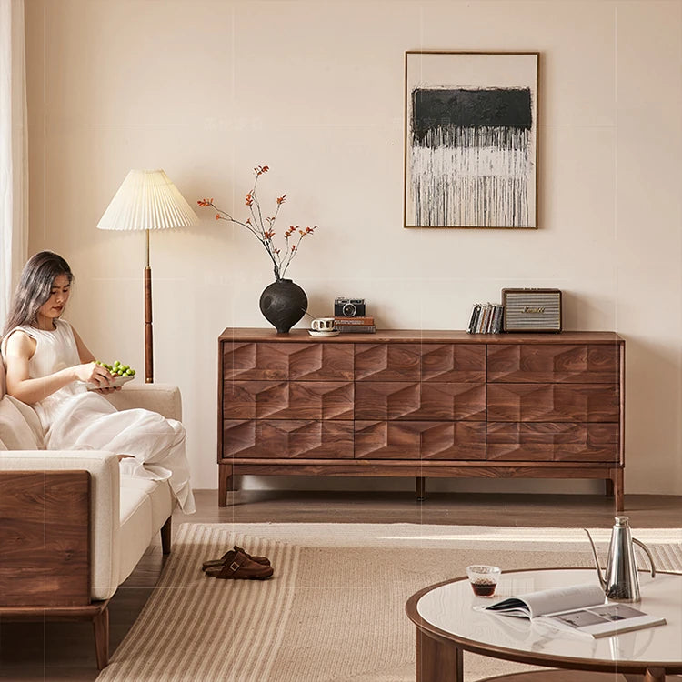 Stylish Black Walnut Wood Cabinet with Modern Geometric Design – Perfect for Home Décor and Storage hjy-5010