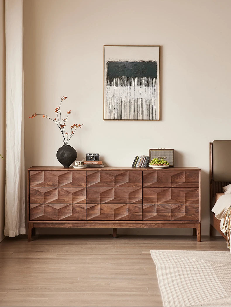 Stylish Black Walnut Wood Cabinet with Modern Geometric Design – Perfect for Home Décor and Storage hjy-5010