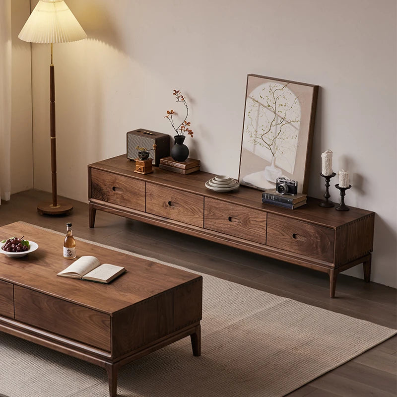 Elegant Black Walnut TV Cabinet - Modern Solid Wood Entertainment Center with Storage Drawers hjy-5011