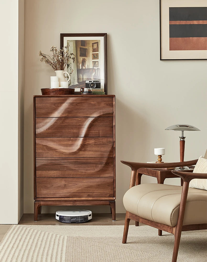 Stylish Black Walnut Wood Cabinet with Wave Design – Modern Storage Solution for Any Room hjy-5019