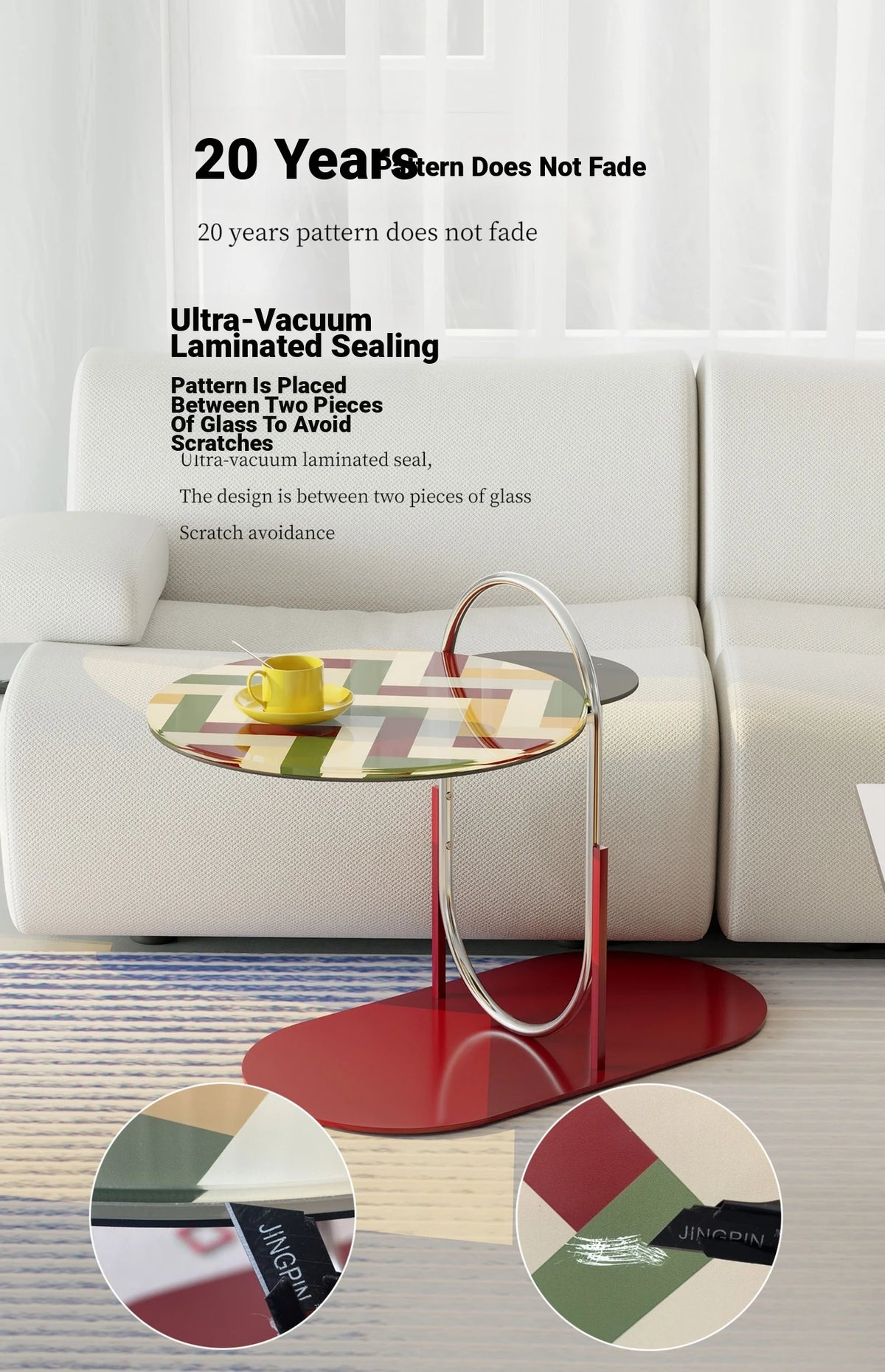 Stylish Tempered Glass Tea Table with Colorful Decorative Top - Modern Stainless Steel Design for Living Room and Office hjzjl-5195