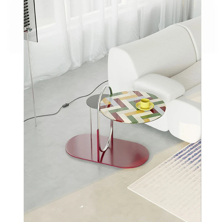 Stylish Tempered Glass Tea Table with Colorful Decorative Top - Modern Stainless Steel Design for Living Room and Office hjzjl-5195