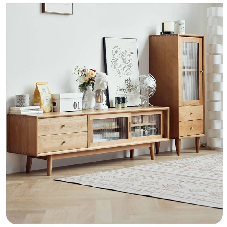 Stylish TV Cabinet - Natural Cherry Wood, Beech, Metal, and Glass Finish hldmz-727