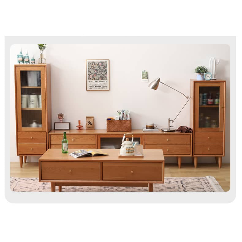 Elegant Natural Cherry Wood TV Cabinet with Copper and Glass Accents - Premium Quality Plywood Design hldmz-728