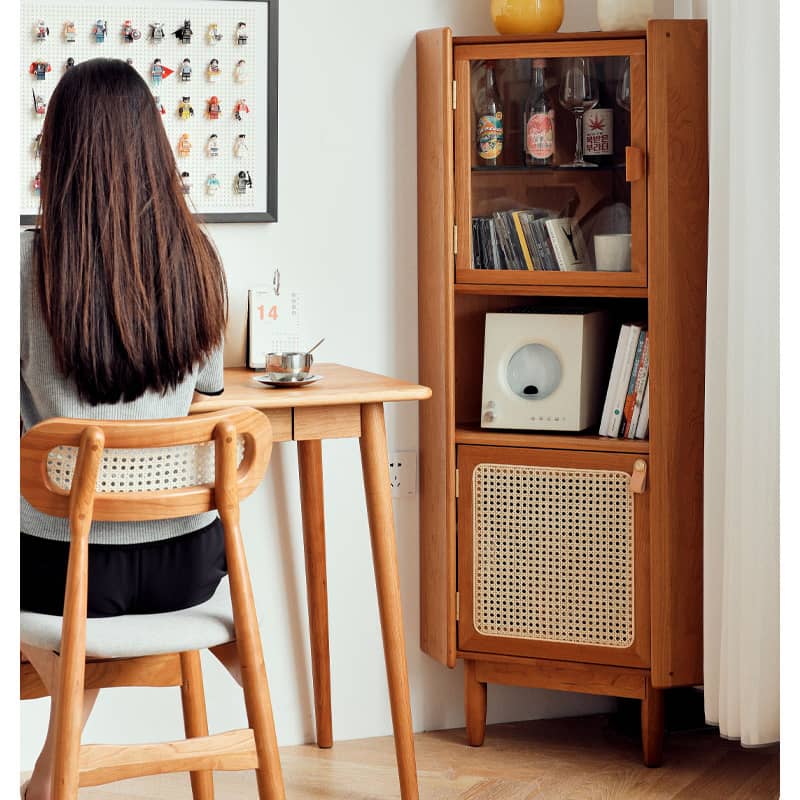 Elegant Cherry Wood Cabinet with Rattan Accents and Glass Doors hldmz-732