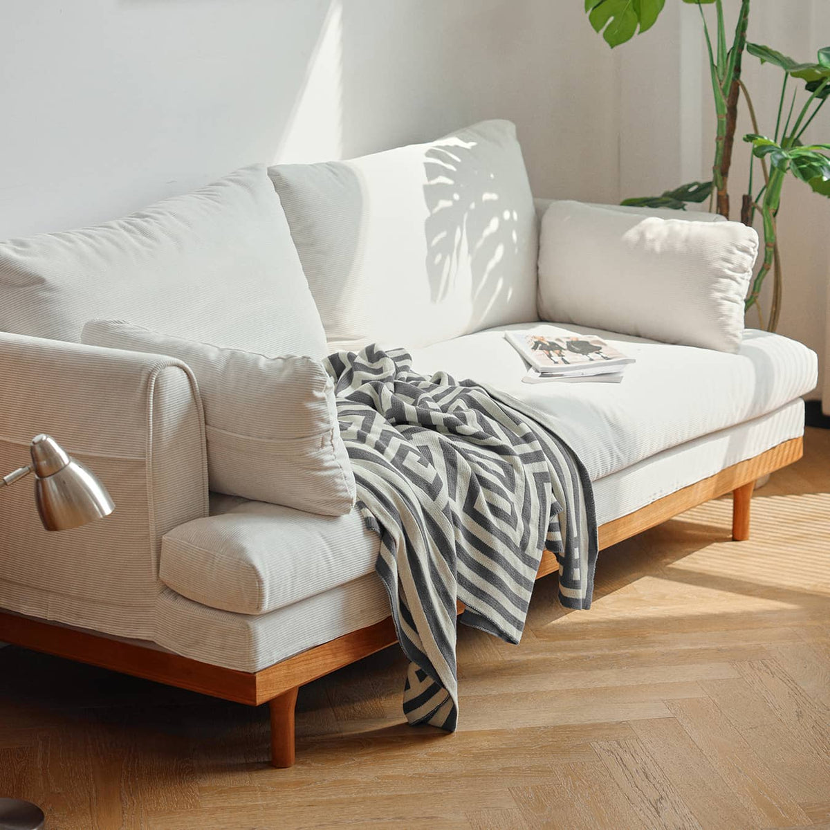 Luxurious White and Orange Cherry Wood Sofa with Leathaire, Goose Down, and Corduroy Upholstery hldmz-733