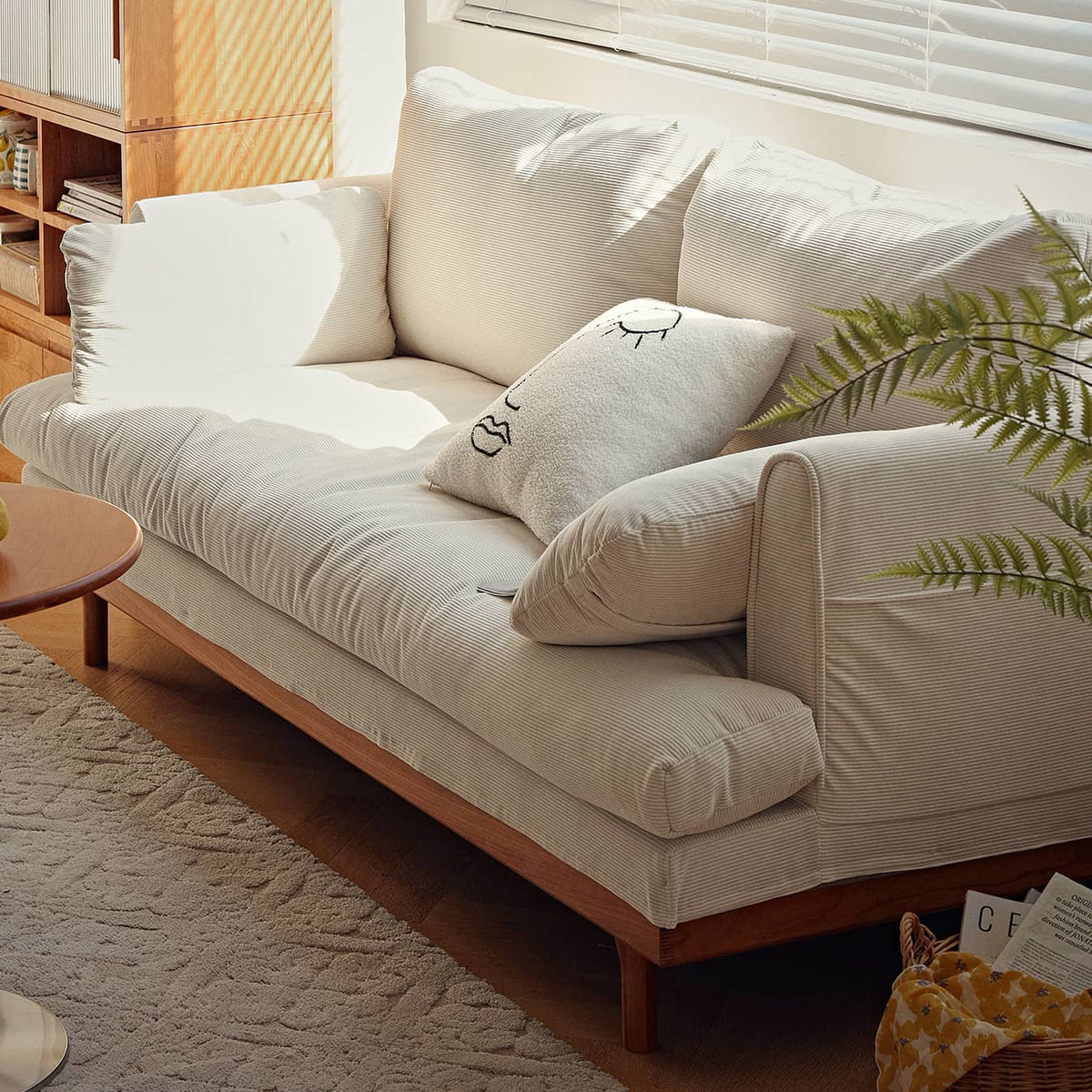 Luxurious White and Orange Cherry Wood Sofa with Leathaire, Goose Down, and Corduroy Upholstery hldmz-733