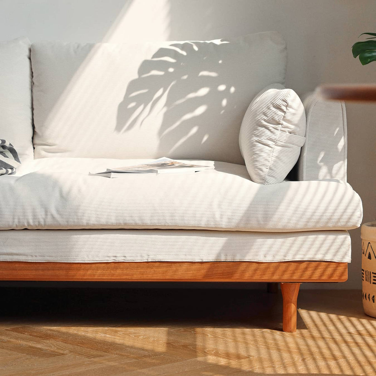 Luxurious White and Orange Cherry Wood Sofa with Leathaire, Goose Down, and Corduroy Upholstery hldmz-733