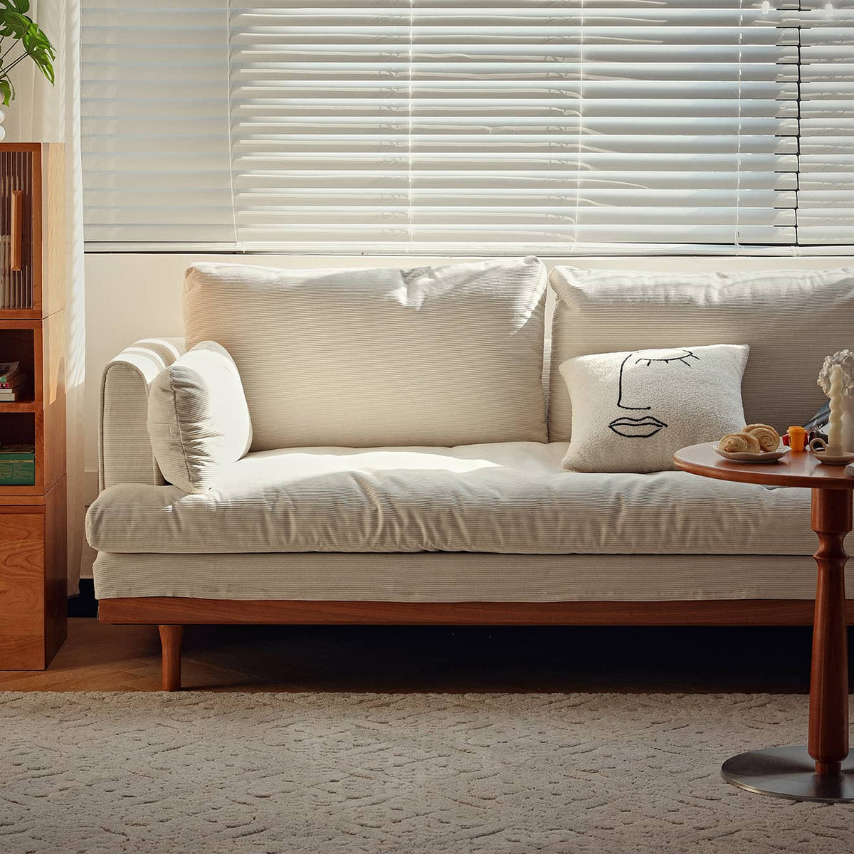 Luxurious White and Orange Cherry Wood Sofa with Leathaire, Goose Down, and Corduroy Upholstery hldmz-733