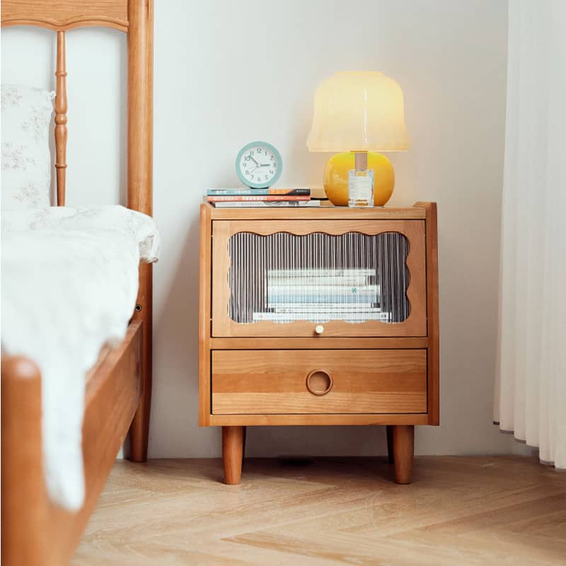 Elegant Bedside Cupboard in Cherry Wood Finish with Glass and Copper Accents hldmz-736