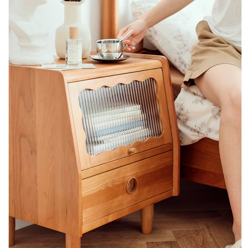 Elegant Bedside Cupboard in Cherry Wood Finish with Glass and Copper Accents hldmz-736