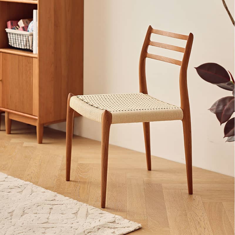 Natural Cherry Wood Dining Chair with Handwoven Kraft Paper Rope Seat hldmz-739