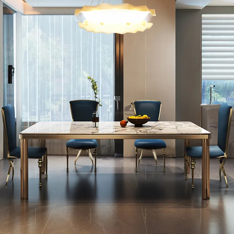 Luxury Marble Dining Table with Blue Leather Chairs - Elegant Modern Design for Your Home hlkwd-4104