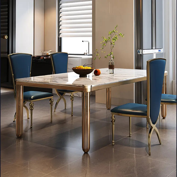 Luxury Marble Dining Table with Blue Leather Chairs - Elegant Modern Design for Your Home hlkwd-4104