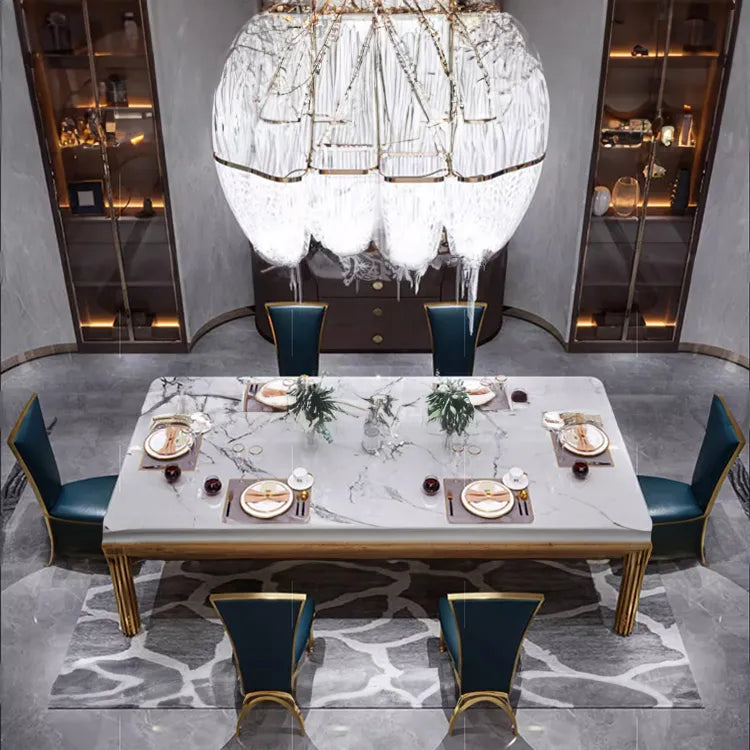 Luxury Marble Dining Table with Blue Leather Chairs - Elegant Modern Design for Your Home hlkwd-4104