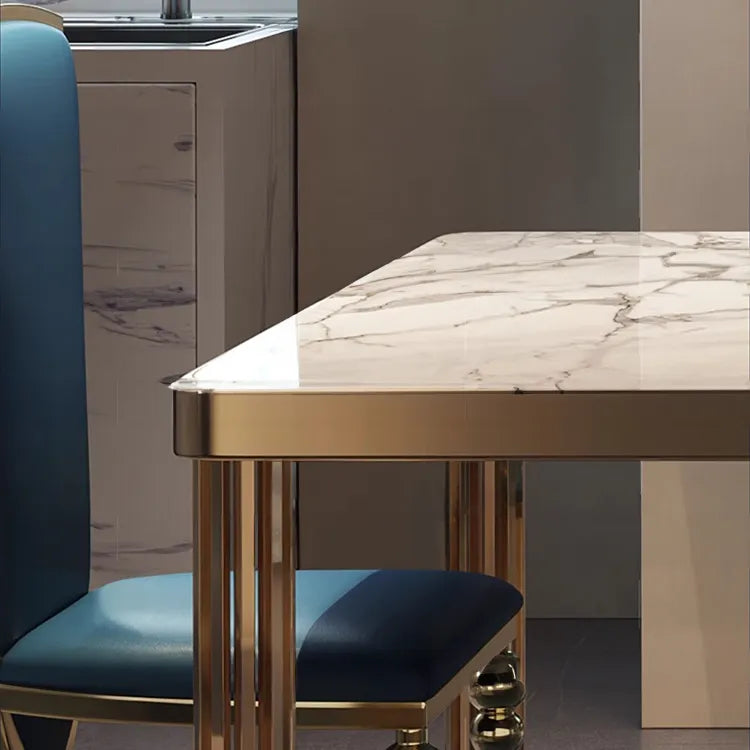 Luxury Marble Dining Table with Blue Leather Chairs - Elegant Modern Design for Your Home hlkwd-4104