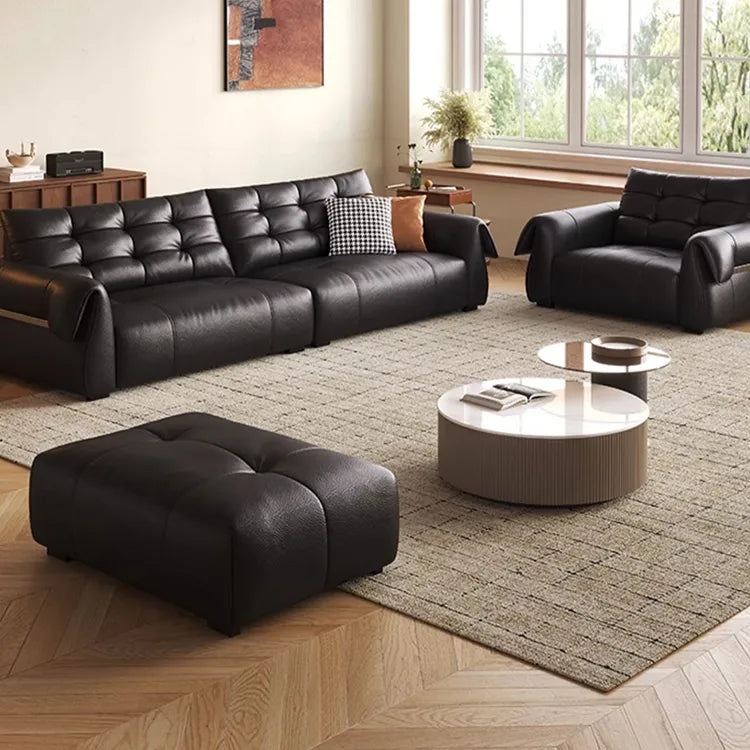 Luxurious Black Leather Sofa with Goose Down and Latex Cushioning for Ultimate Comfort hlkwd-4108