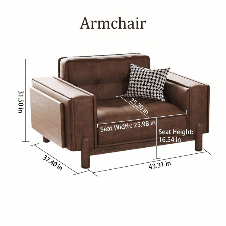 Vintage Brown Leather Sofa, Block-Style Straight Couch with Ash Wood Frame for Living Room hly-3034