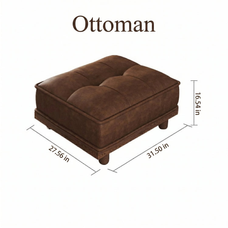 Vintage Brown Leather Sofa, Block-Style Straight Couch with Ash Wood Frame for Living Room hly-3034