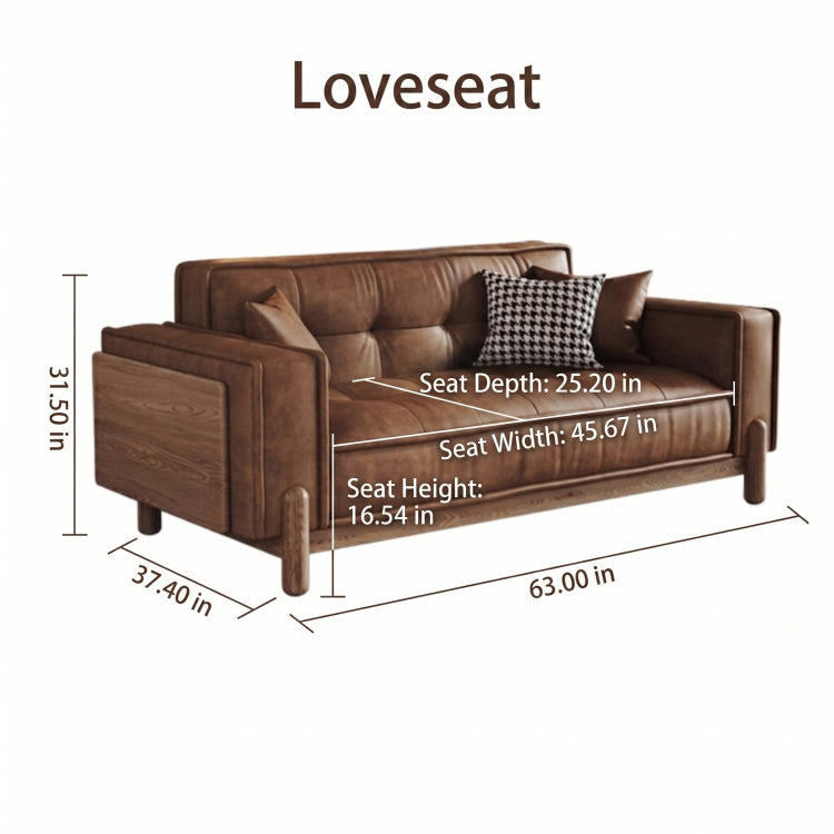 Vintage Brown Leather Sofa, Block-Style Straight Couch with Ash Wood Frame for Living Room hly-3034
