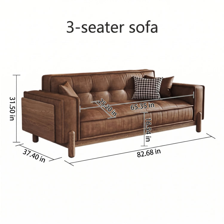 Vintage Brown Leather Sofa, Block-Style Straight Couch with Ash Wood Frame for Living Room hly-3034