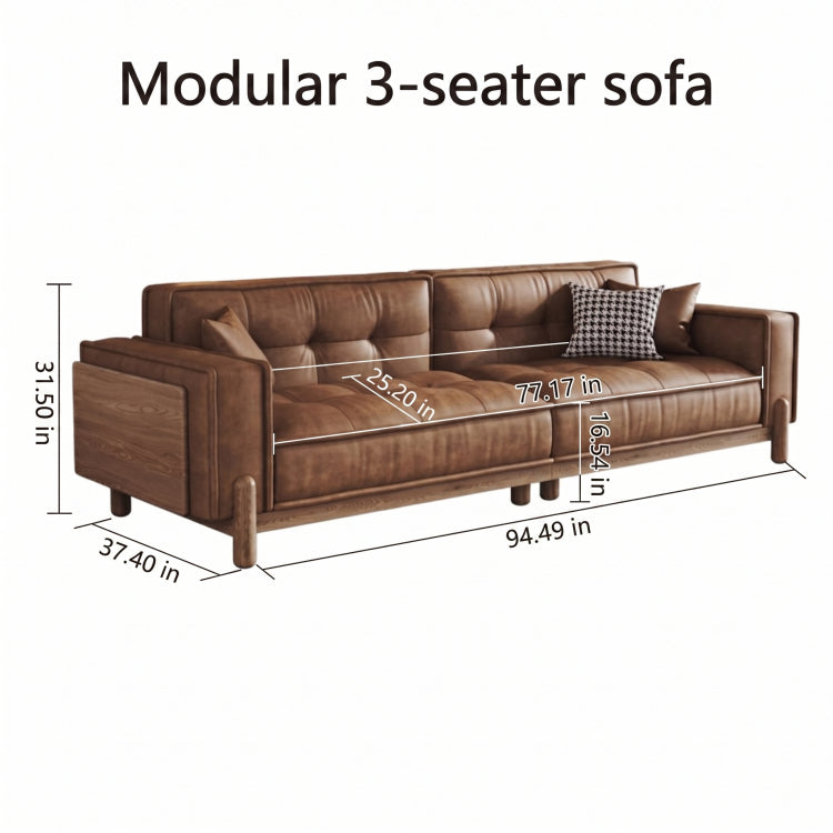 Vintage Brown Leather Sofa, Block-Style Straight Couch with Ash Wood Frame for Living Room hly-3034