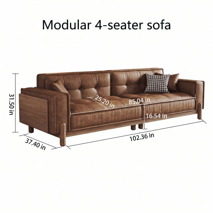 Vintage Brown Leather Sofa, Block-Style Straight Couch with Ash Wood Frame for Living Room hly-3034