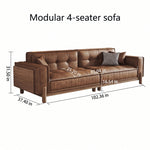 Vintage Brown Leather Sofa, Block-Style Straight Couch with Ash Wood Frame for Living Room hly-3034