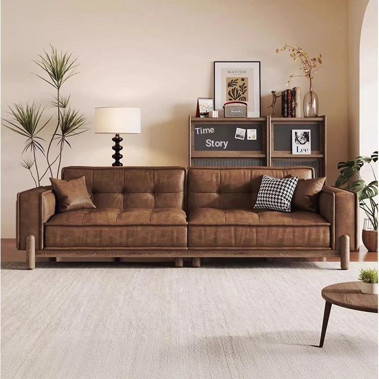 Vintage Brown Leather Sofa, Block-Style Straight Couch with Ash Wood Frame for Living Room hly-3034